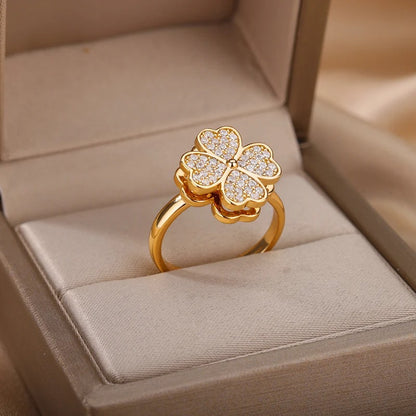 Anti anxiety-stress Lucky Heart Four Leaf Clover Spinner Pendant Ring