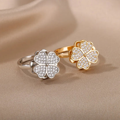 Anti anxiety-stress Lucky Heart Four Leaf Clover Spinner Pendant Ring